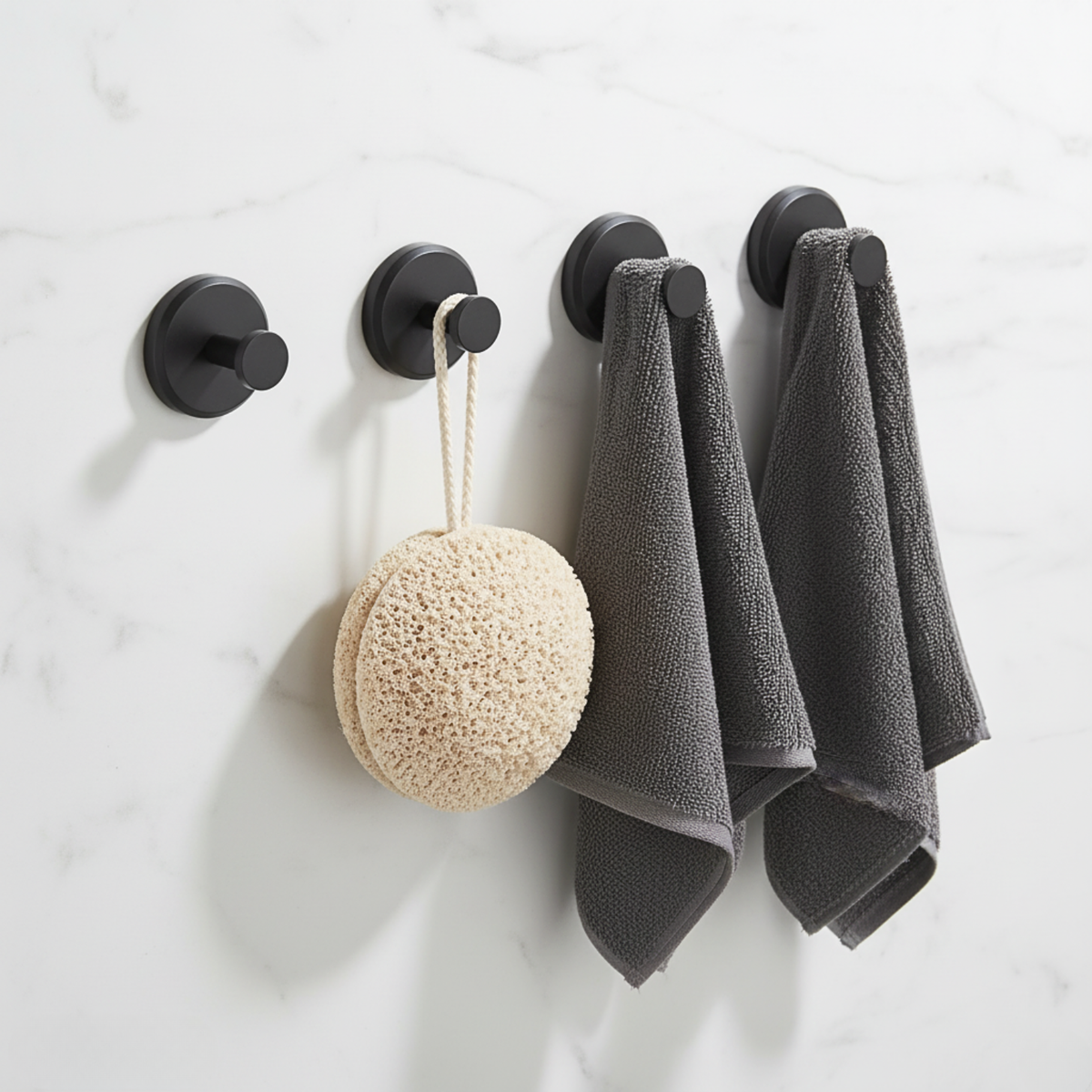 Quatre patères à ventouse noir mat avec serviettes et éponge sur un mur en marbre
