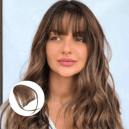 Frange à clipser teinte Brun portée sur cheveux longs