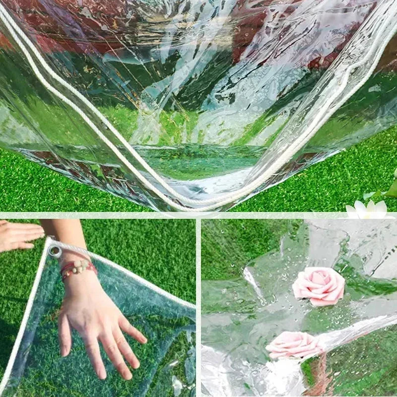 Bâche transparente posée sur l'herbe, on voit tout à travers