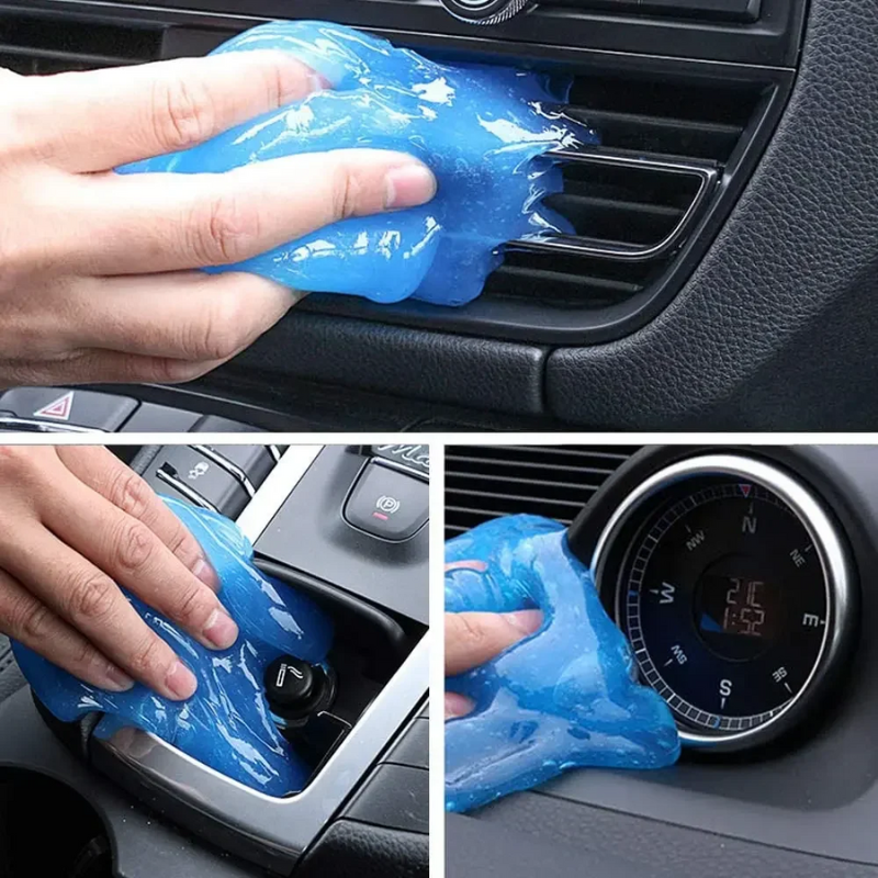 Gel nettoyant bleu sur les aérations et le tableau de bord