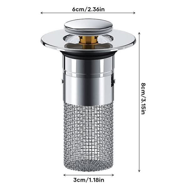 Dimensions de la bonde : 6 cm de diamètre en tête, 8 cm de hauteur, panier de 3 cm