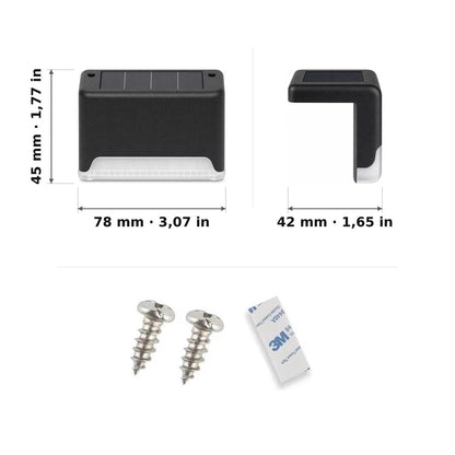 Dimensions de la lampe solaire, 78 x 45 x 42 mm, avec vis et pastille adhésive