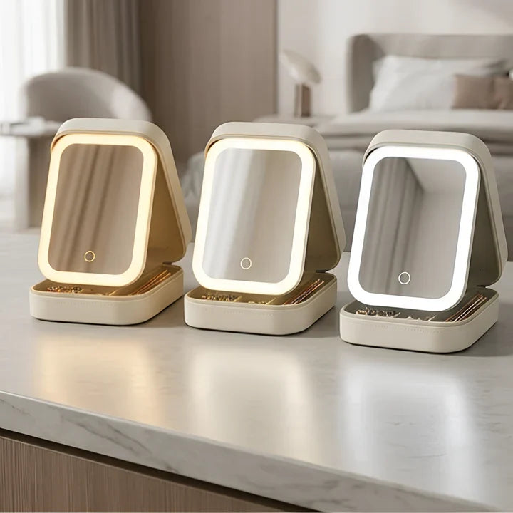 Trousse à maquillage blanche avec miroir LED, en lumière chaude, naturelle et froide