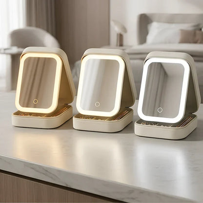 Trousse à maquillage blanche avec miroir LED, en lumière chaude, naturelle et froide