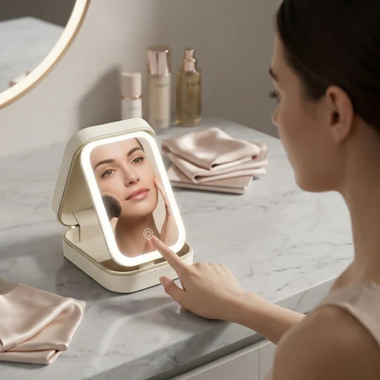 Femme se maquillant devant le miroir LED de sa trousse posée sur la coiffeuse
