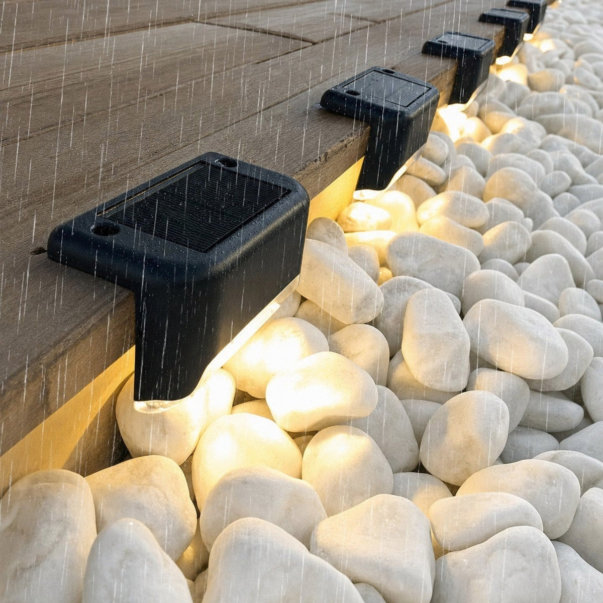 Lampes solaires allumées sous la pluie au bord d'une terrasse