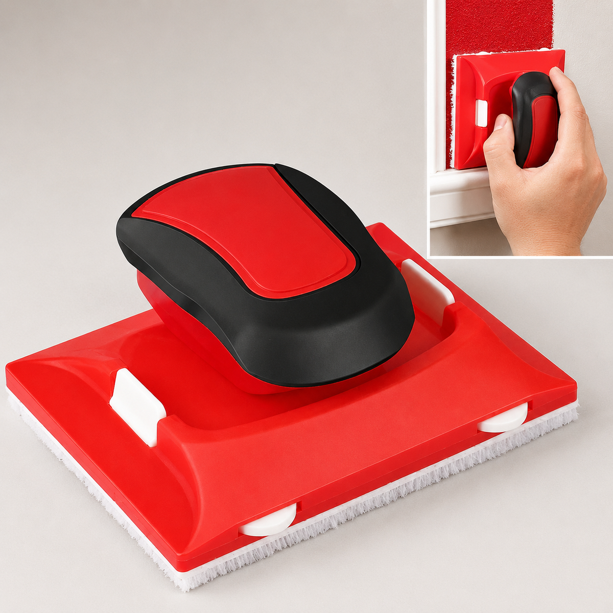 Outil de bordure NetBord rouge et noir, avec la main qui peint le long d'une plinthe