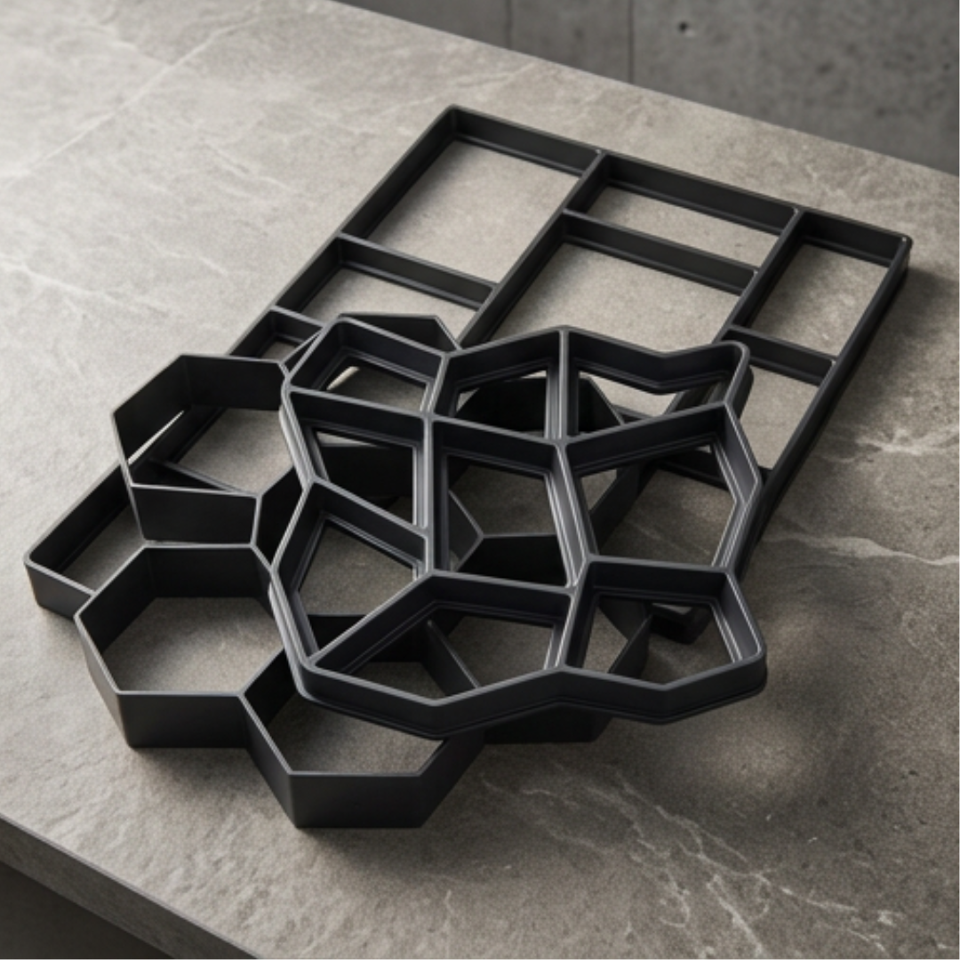 Les trois motifs de moule : hexagones, pierre naturelle et pavés rectangulaires