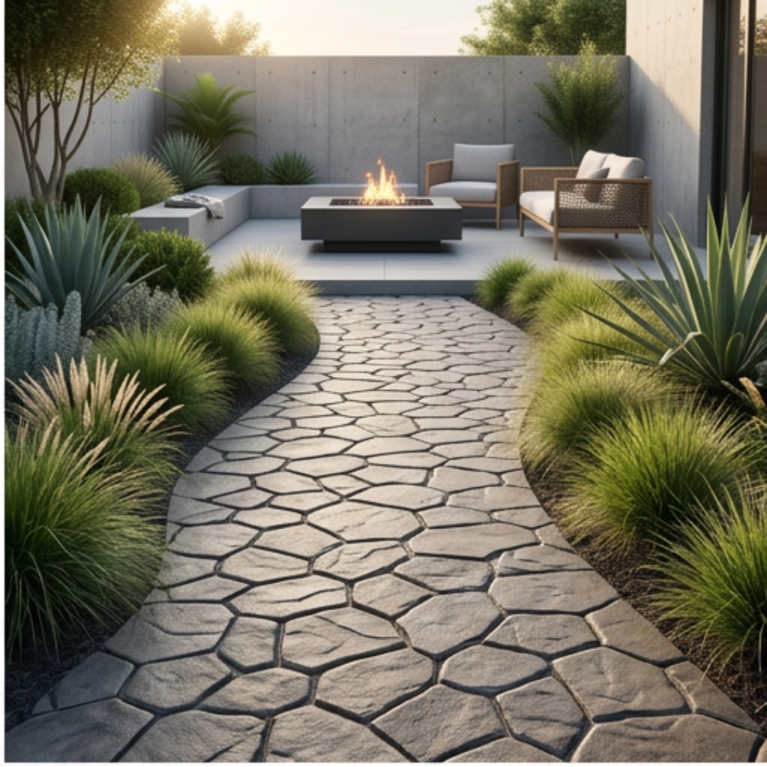Allée de jardin en pavés de béton menant à une terrasse