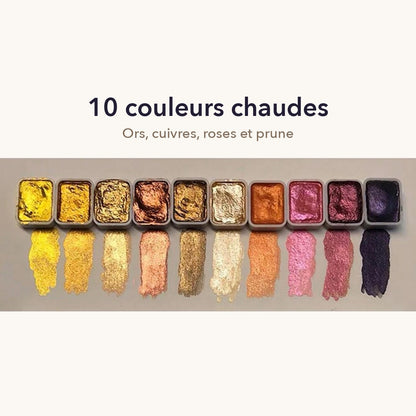 Nuancier des 10 couleurs chaudes nacrées : ors, cuivres, roses et prune