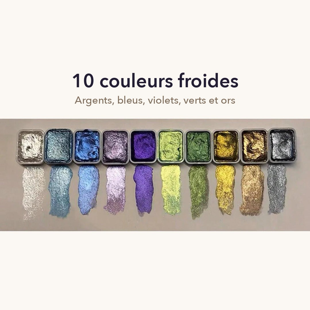 Nuancier des 10 couleurs froides nacrées : argents, bleus, violets, verts et ors