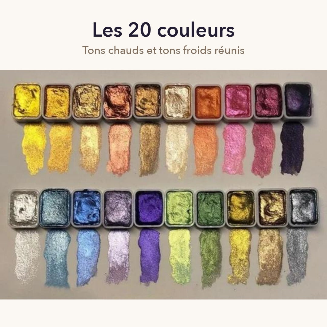 Nuancier complet des 20 couleurs d'aquarelle nacrée