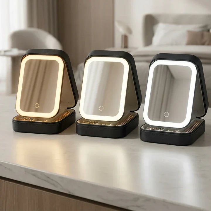 Trousse à maquillage noire avec miroir LED, en lumière chaude, naturelle et froide