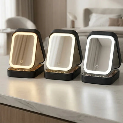 Trousse à maquillage noire avec miroir LED, en lumière chaude, naturelle et froide