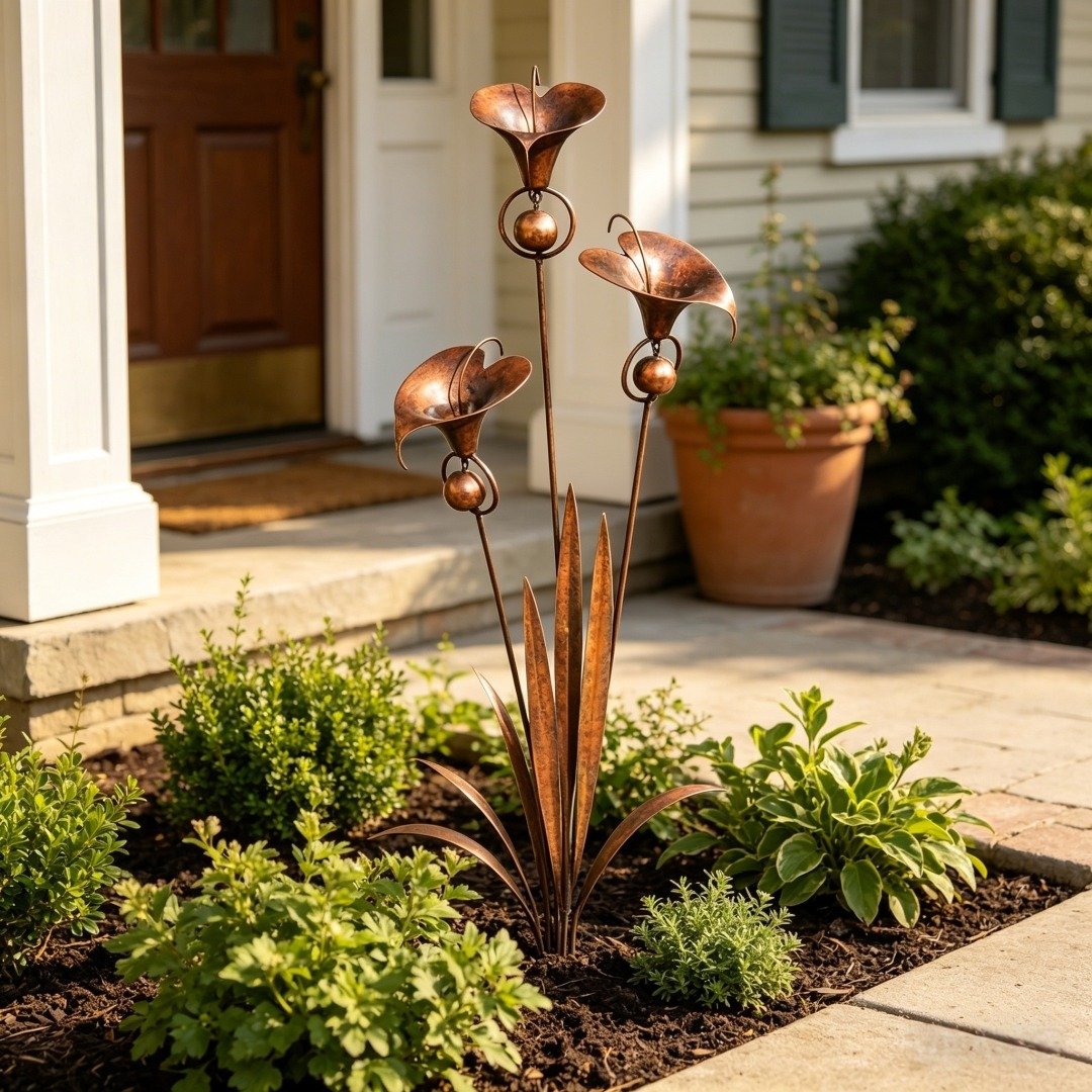 Tige de jardin à trois arums cuivrés plantée devant une entrée de maison