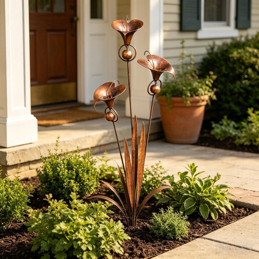 Tige de jardin à trois arums cuivrés plantée devant une entrée de maison