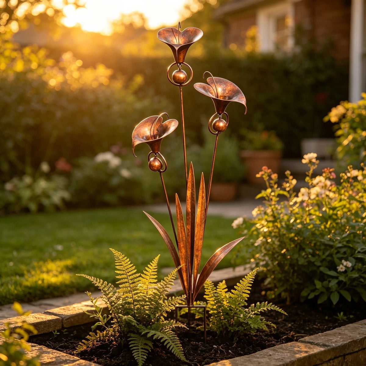 Tige décorative dans un jardin au coucher du soleil