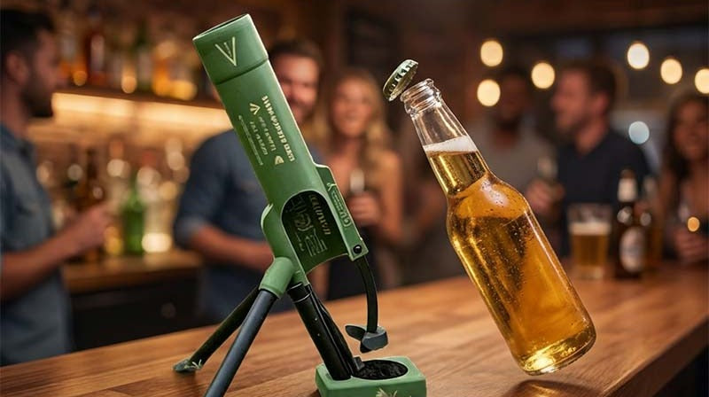 Décapsuleur Capsaut sur un comptoir de bar, une bouteille vient d'être ouverte