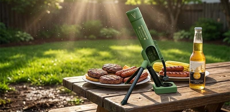 Décapsuleur Capsaut sur une table de jardin à côté d'un barbecue