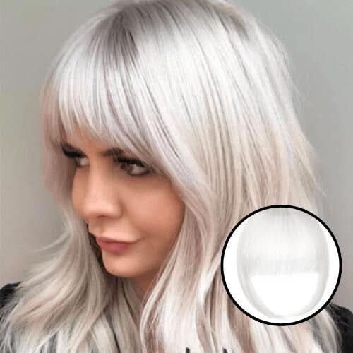 Frange à clipser teinte Platine sur cheveux gris clair