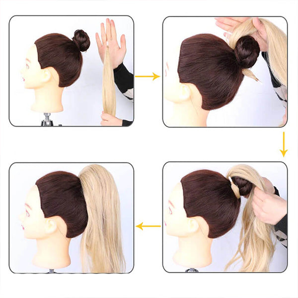 Pose en 4 étapes : chignon, passage de la queue, enroulement, coiffage