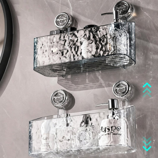 Deux étagères transparentes à ventouses fixées sur un mur de salle de bain
