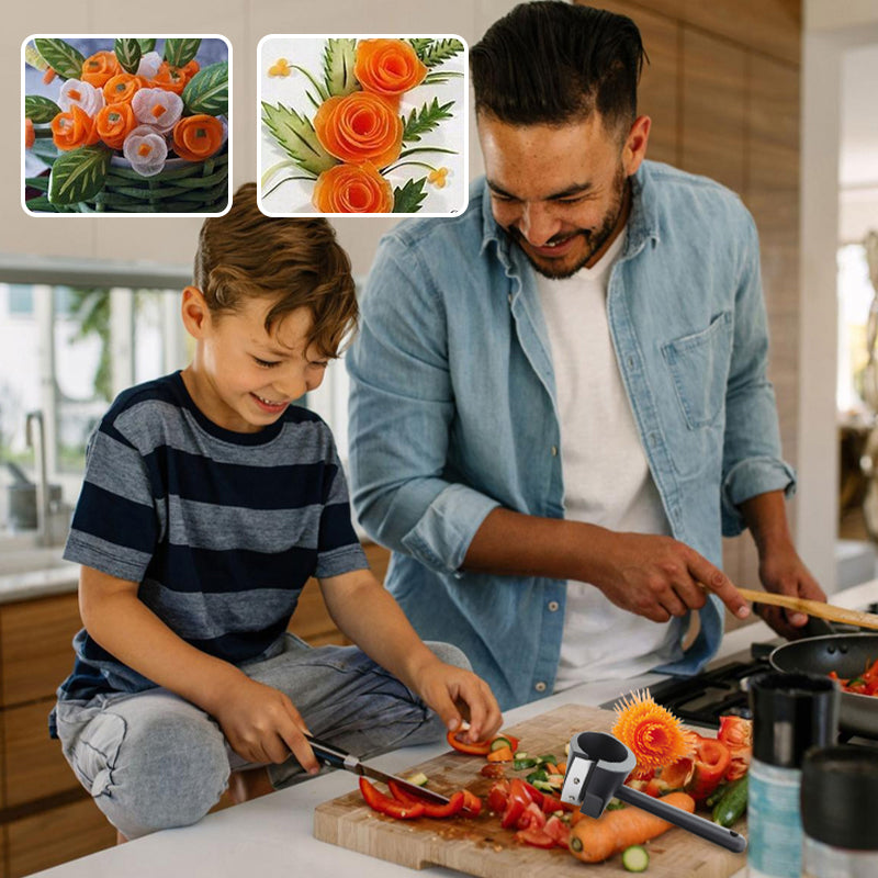 Un père et son fils préparent des légumes décorés en fleurs dans la cuisine