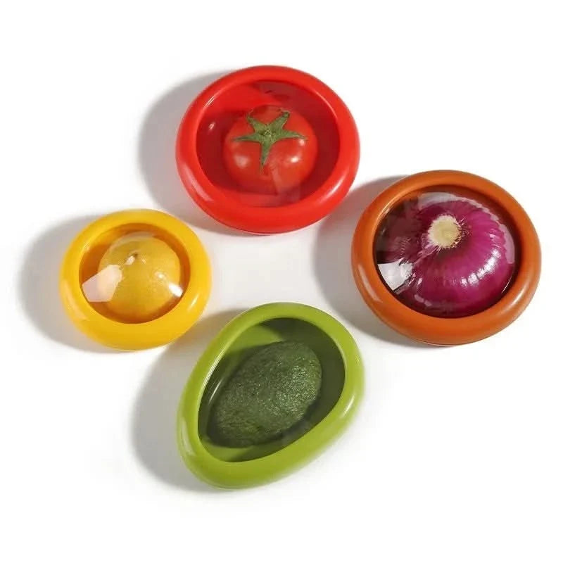 Les quatre couvercles vus de dessus : rouge, jaune, marron et vert