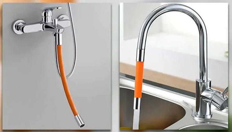 Rallonge flexible posée sur un robinet mural et sur un mitigeur de cuisine