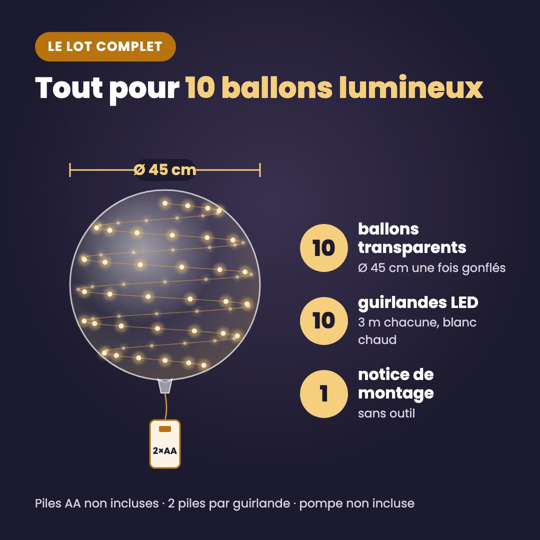 Contenu du lot : 10 ballons transparents de 45 cm et 10 guirlandes LED de 3 m
