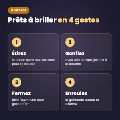 Montage en 4 étapes : étirer, gonfler à la pompe, fermer, enrouler la guirlande