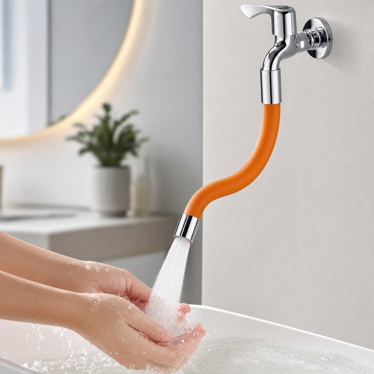 Rallonge de robinet orange pliée vers les mains pour se laver au lavabo