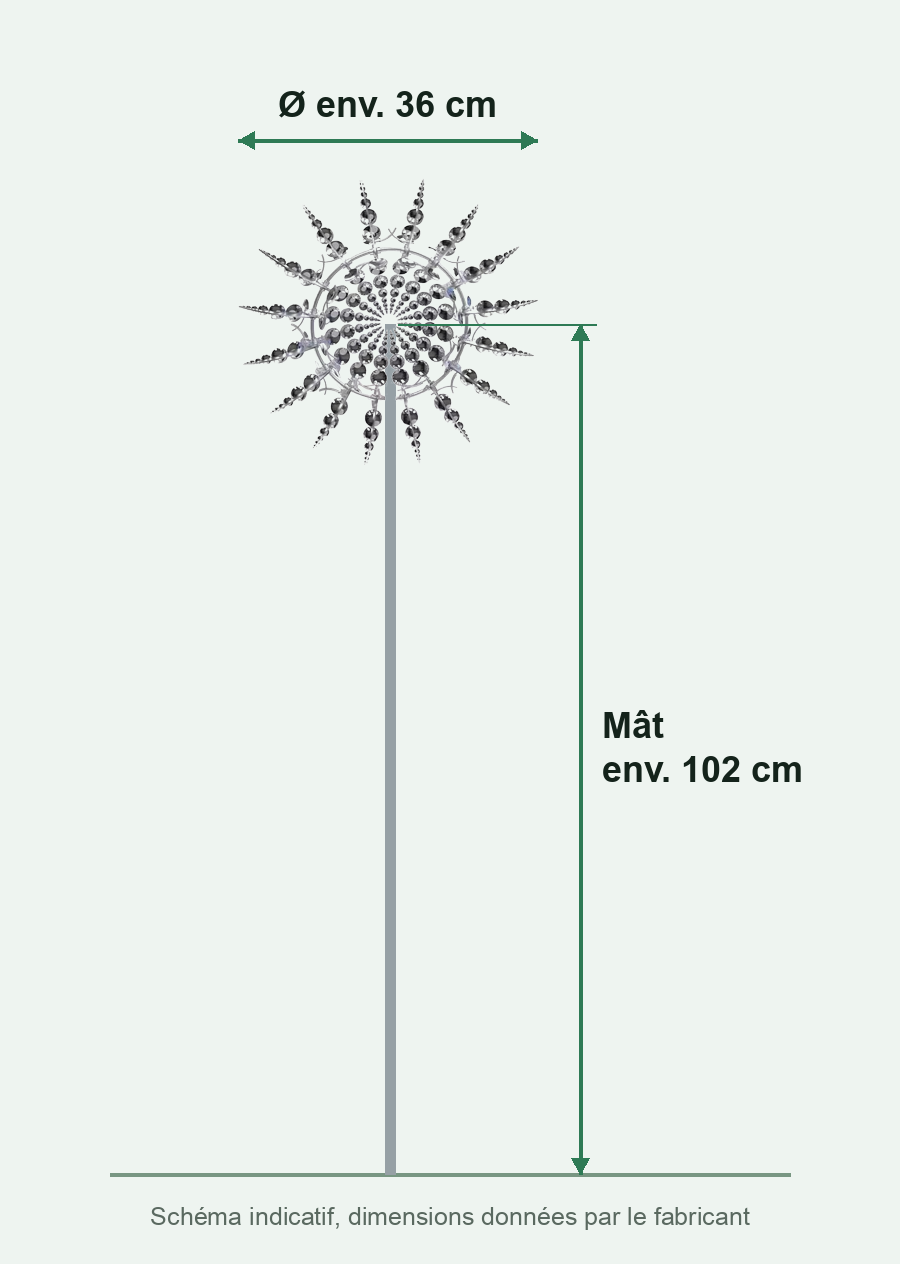 Dimensions du moulin à vent Zéphyro : tête d'environ 36 cm, mât d'environ 102 cm