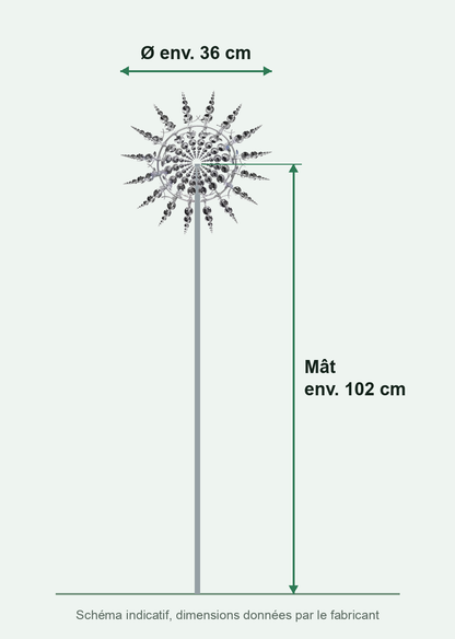 Dimensions du moulin à vent Zéphyro : tête d'environ 36 cm, mât d'environ 102 cm